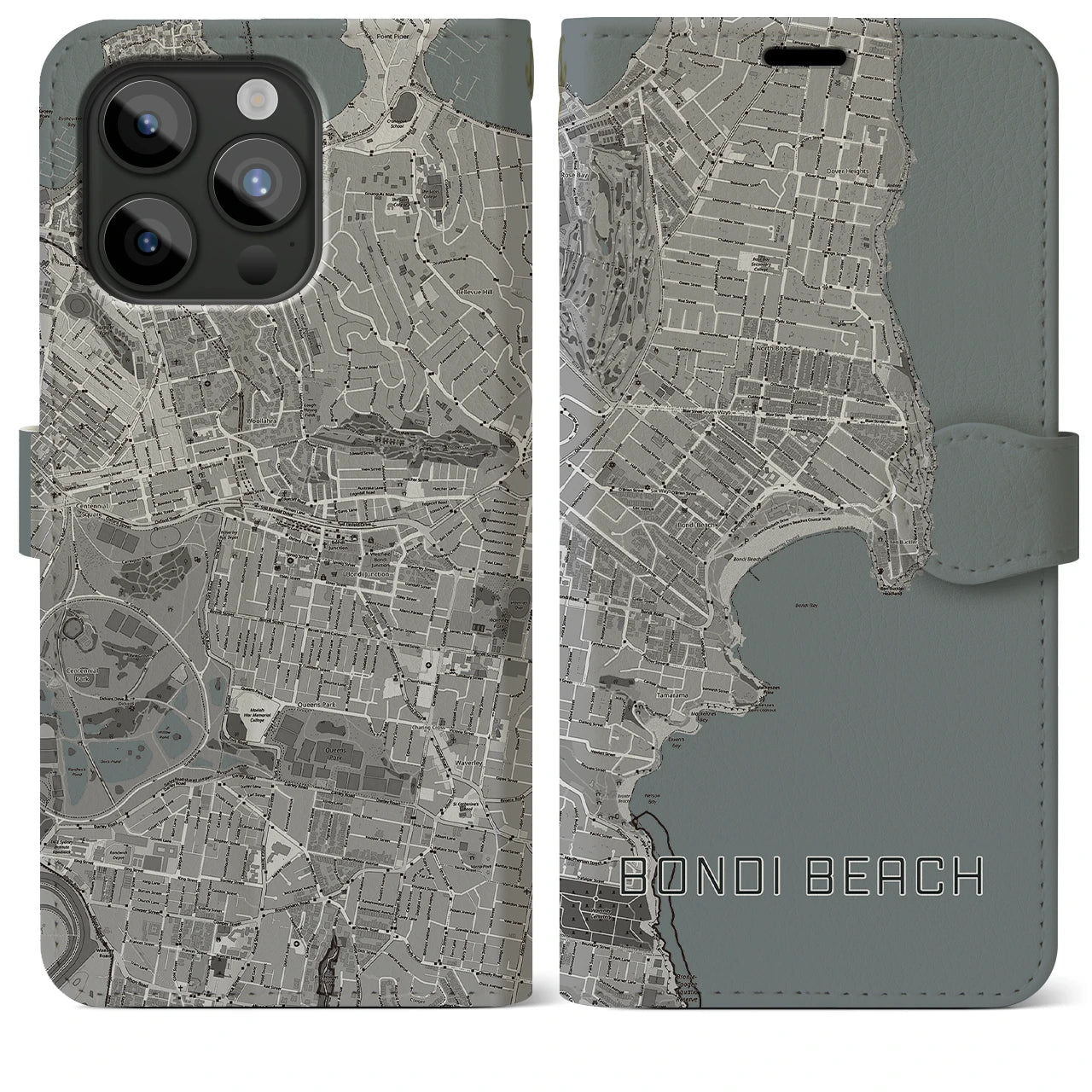 【ボンダイビーチ(オーストラリア)】地図柄iPhoneケース(手帳タイプ)モノトーン・iPhone 15 Pro Max 用