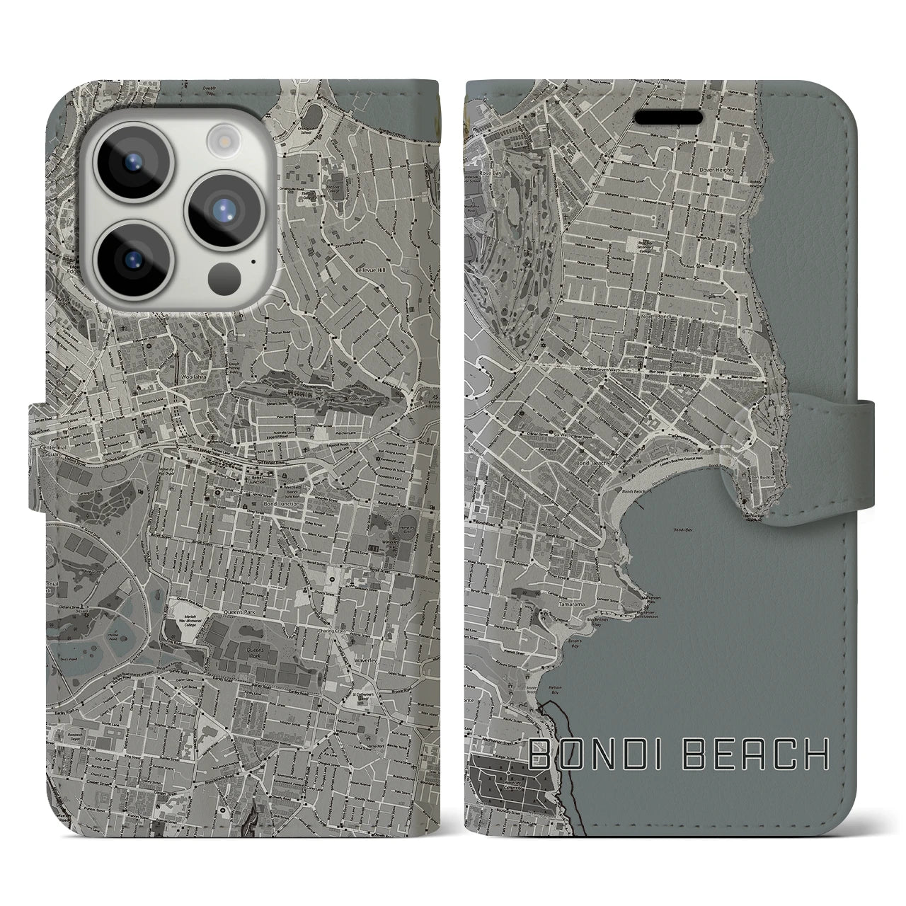 【ボンダイビーチ(オーストラリア)】地図柄iPhoneケース(手帳タイプ)モノトーン・iPhone 15 Pro 用