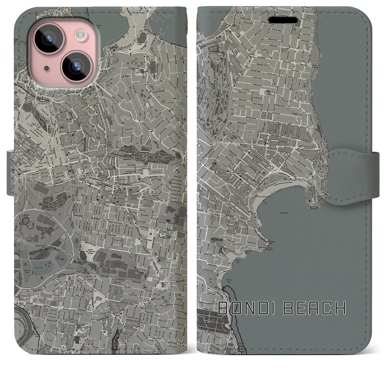 【ボンダイビーチ(オーストラリア)】地図柄iPhoneケース(手帳タイプ)モノトーン・iPhone 15 Plus 用