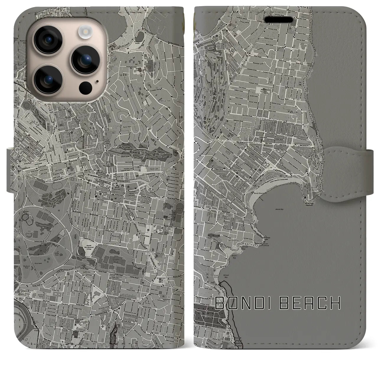 【ボンダイビーチ(オーストラリア)】地図柄iPhoneケース(手帳タイプ)モノトーン・iPhone 16 Plus 用