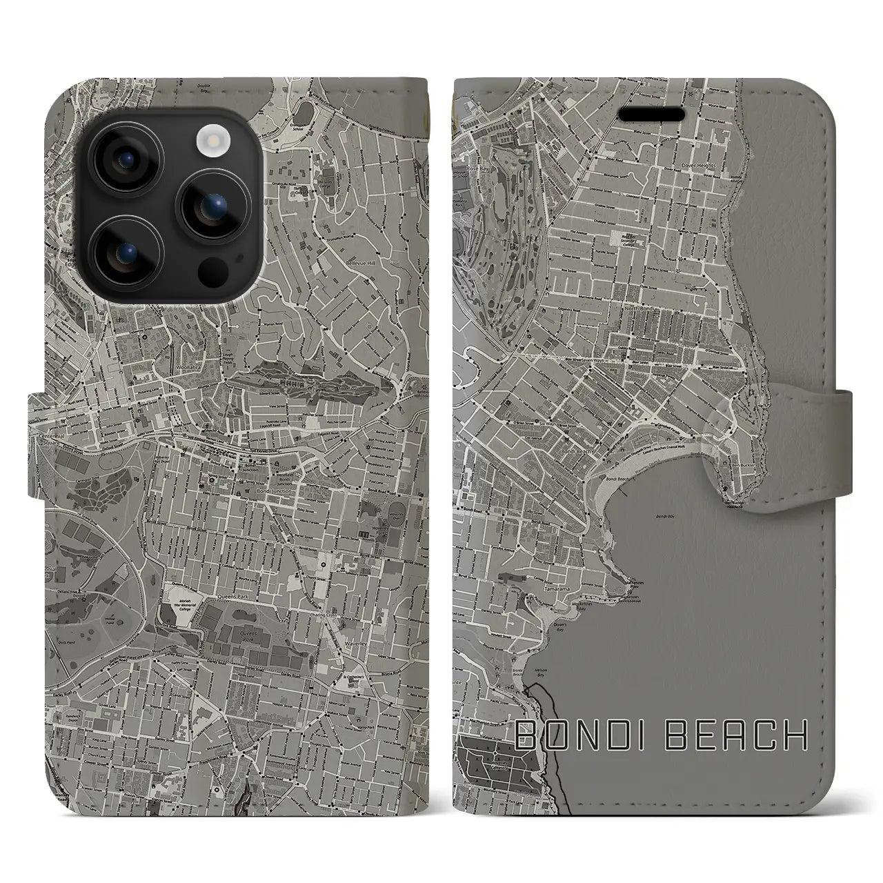 【ボンダイビーチ(オーストラリア)】地図柄iPhoneケース(手帳タイプ)モノトーン・iPhone 16 用