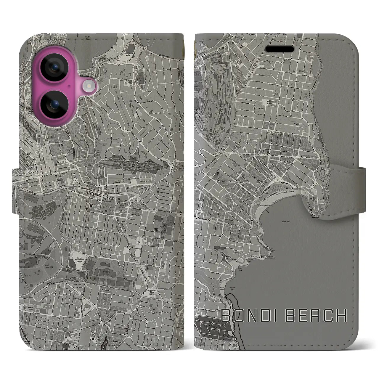【ボンダイビーチ(オーストラリア)】地図柄iPhoneケース(手帳タイプ)モノトーン・iPhone 16 Pro 用
