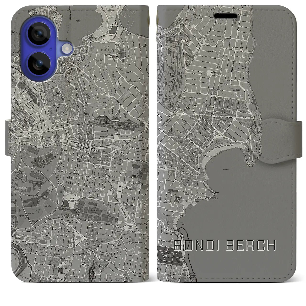 【ボンダイビーチ(オーストラリア)】地図柄iPhoneケース(手帳タイプ)モノトーン・iPhone 16 Pro Max 用