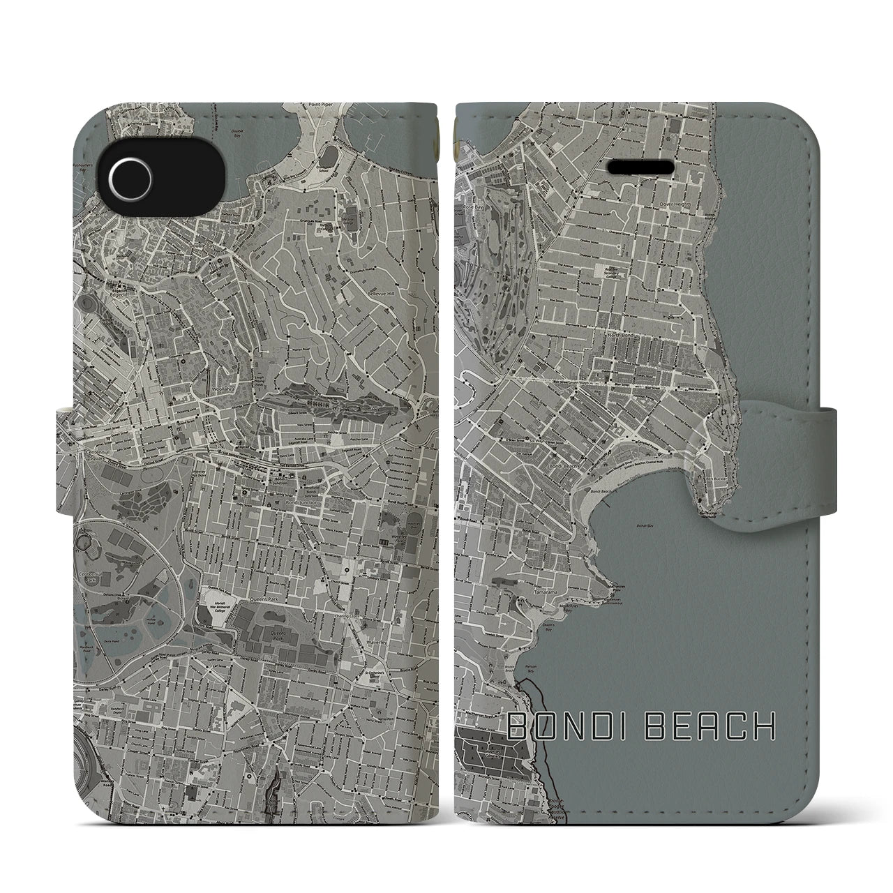 【ボンダイビーチ(オーストラリア)】地図柄iPhoneケース(手帳タイプ)モノトーン・iPhone SE(第3 / 第2世代) / 8 / 7 / 6s / 6 用
