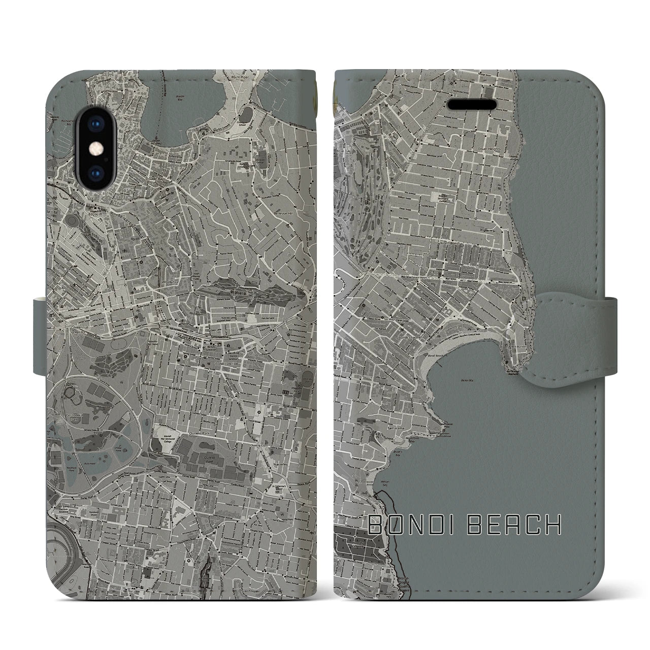 【ボンダイビーチ(オーストラリア)】地図柄iPhoneケース(手帳タイプ)モノトーン・iPhone XS / X 用