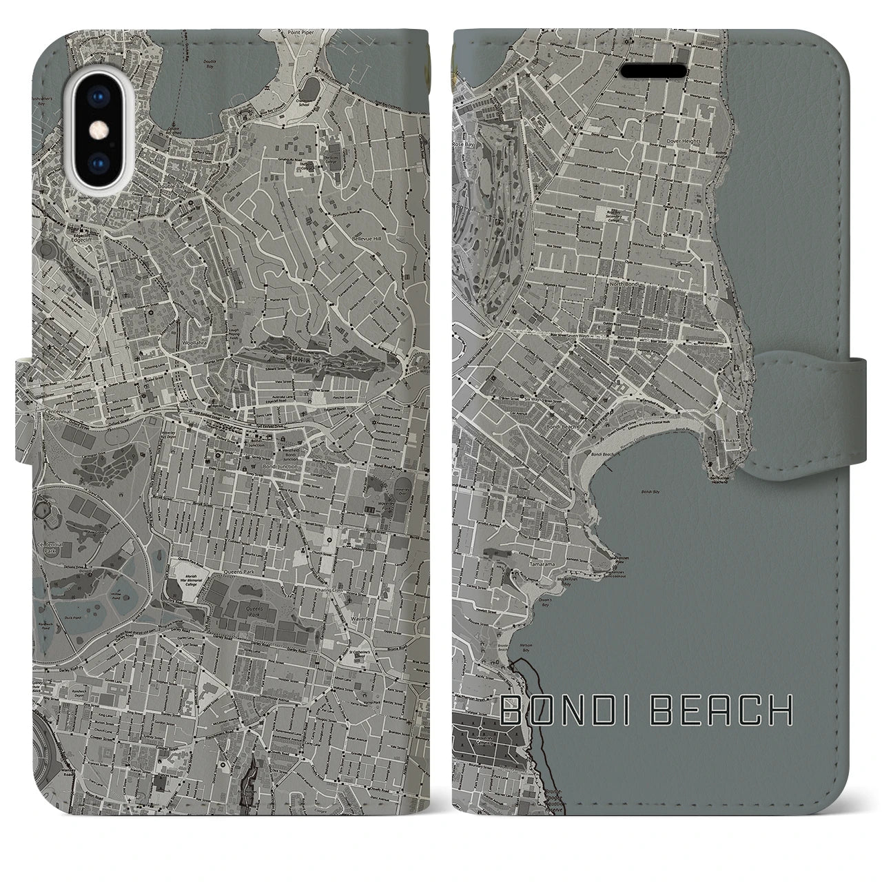 【ボンダイビーチ(オーストラリア)】地図柄iPhoneケース(手帳タイプ)モノトーン・iPhone XS Max 用