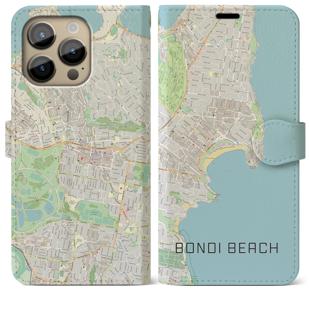 【ボンダイビーチ(オーストラリア)】地図柄iPhoneケース(手帳タイプ)ナチュラル・iPhone 14 Pro Max 用