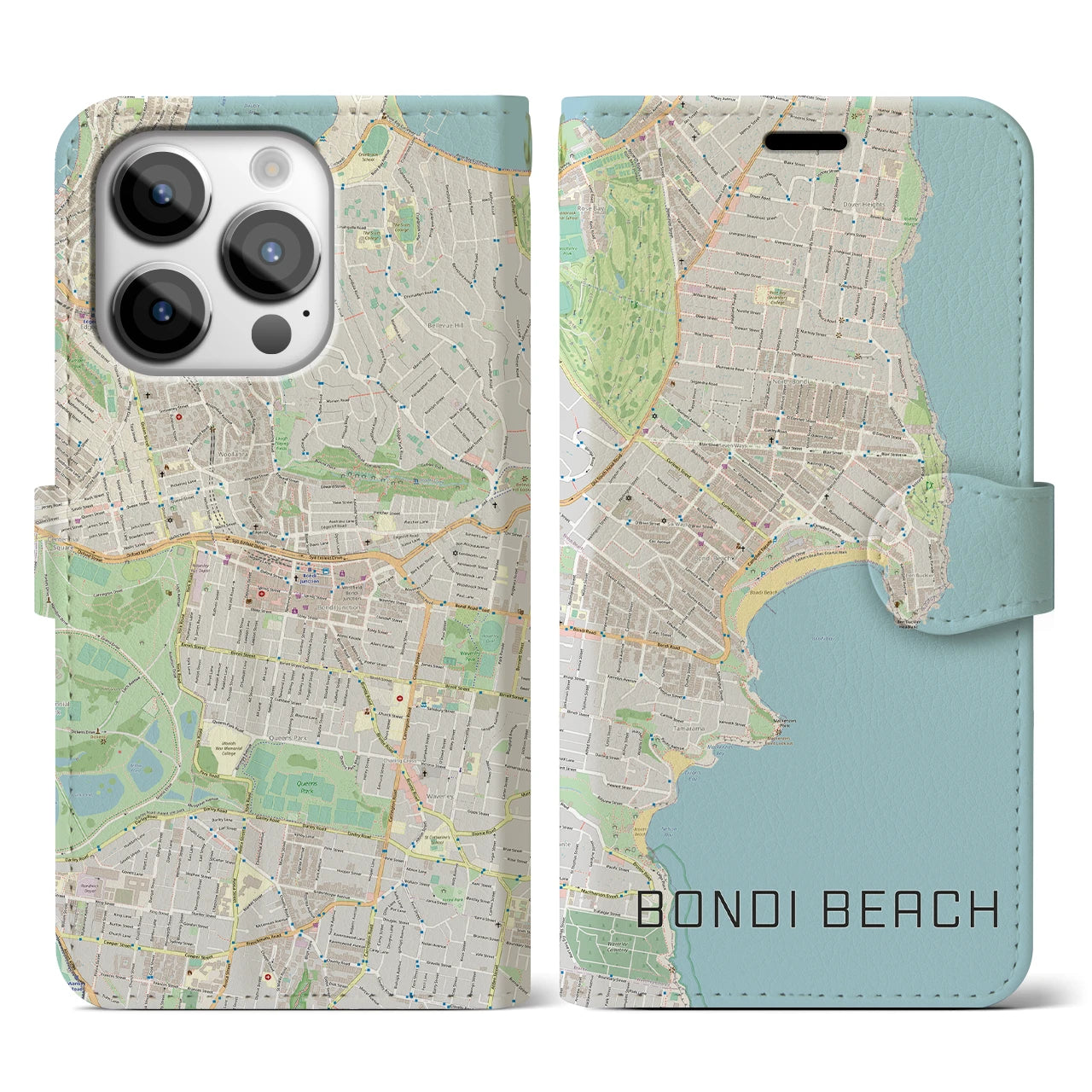 【ボンダイビーチ(オーストラリア)】地図柄iPhoneケース(手帳タイプ)ナチュラル・iPhone 14 Pro 用