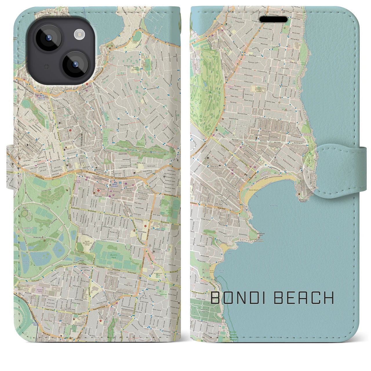 【ボンダイビーチ(オーストラリア)】地図柄iPhoneケース(手帳タイプ)ナチュラル・iPhone 14 Plus 用
