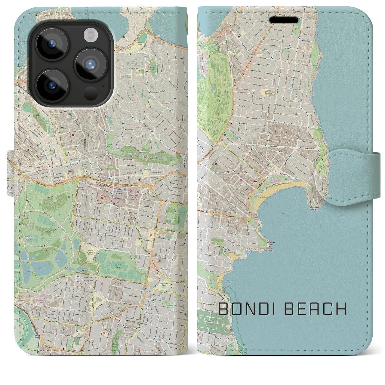 【ボンダイビーチ(オーストラリア)】地図柄iPhoneケース(手帳タイプ)ナチュラル・iPhone 15 Pro Max 用