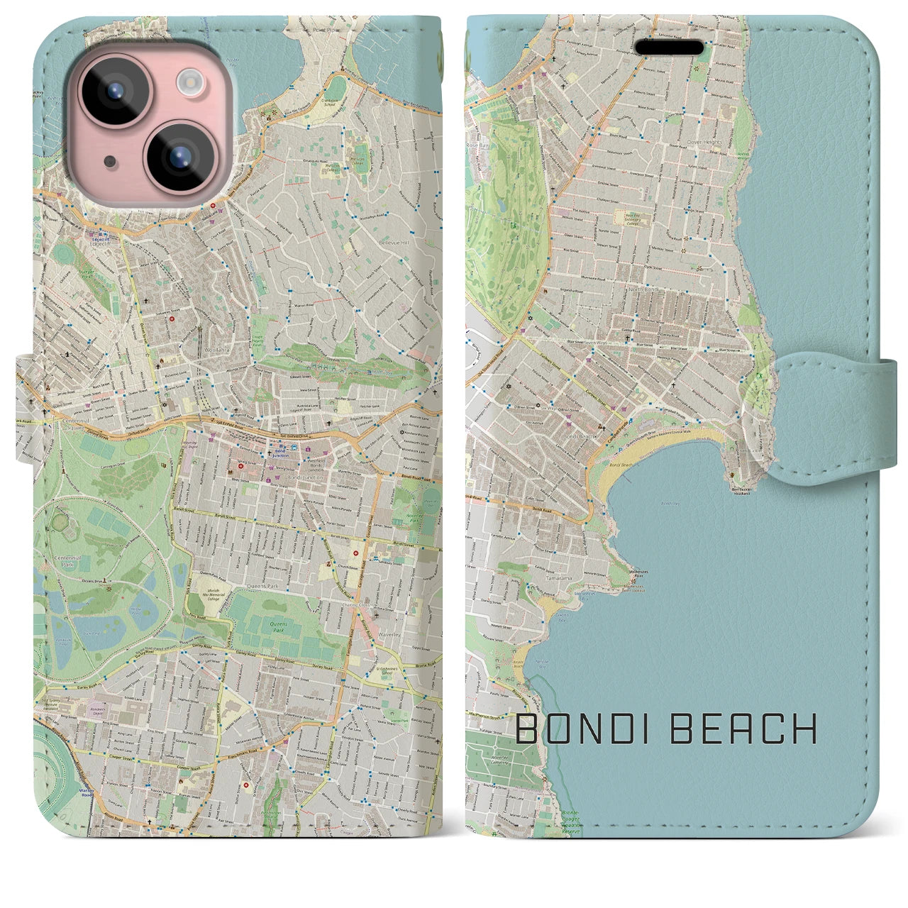 【ボンダイビーチ(オーストラリア)】地図柄iPhoneケース(手帳タイプ)ナチュラル・iPhone 15 Plus 用