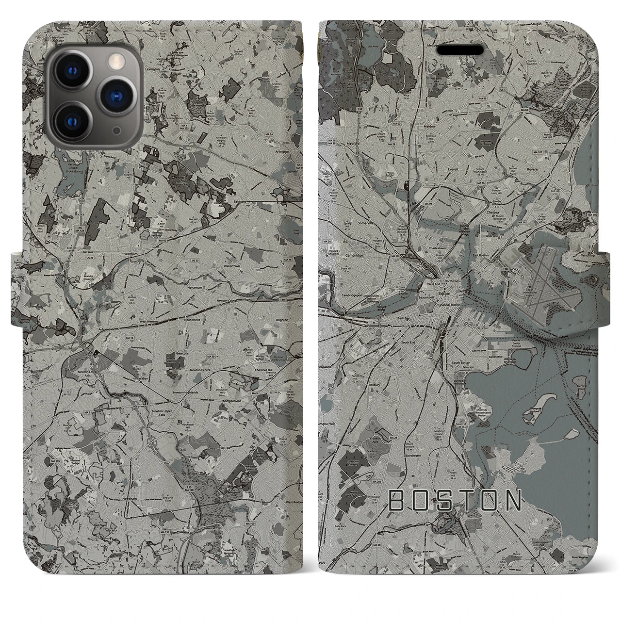 【ボストン(アメリカ)】地図柄iPhoneケース(手帳タイプ)モノトーン・iPhone 11 Pro Max 用