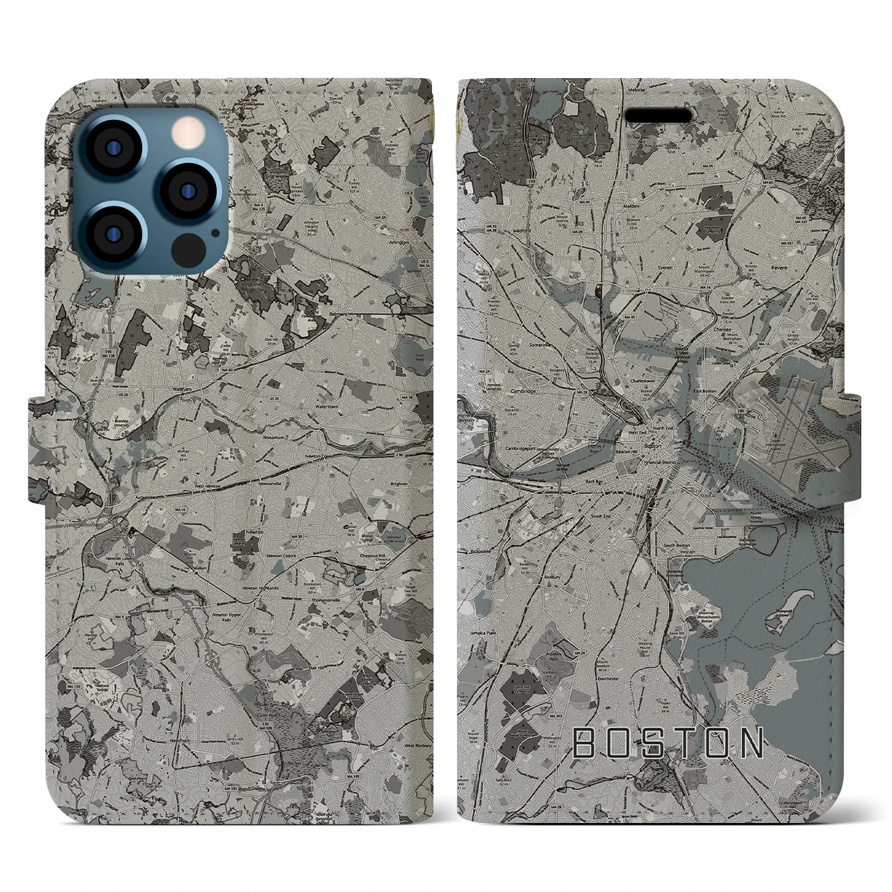 【ボストン(アメリカ)】地図柄iPhoneケース(手帳タイプ)モノトーン・iPhone 12 / 12 Pro 用