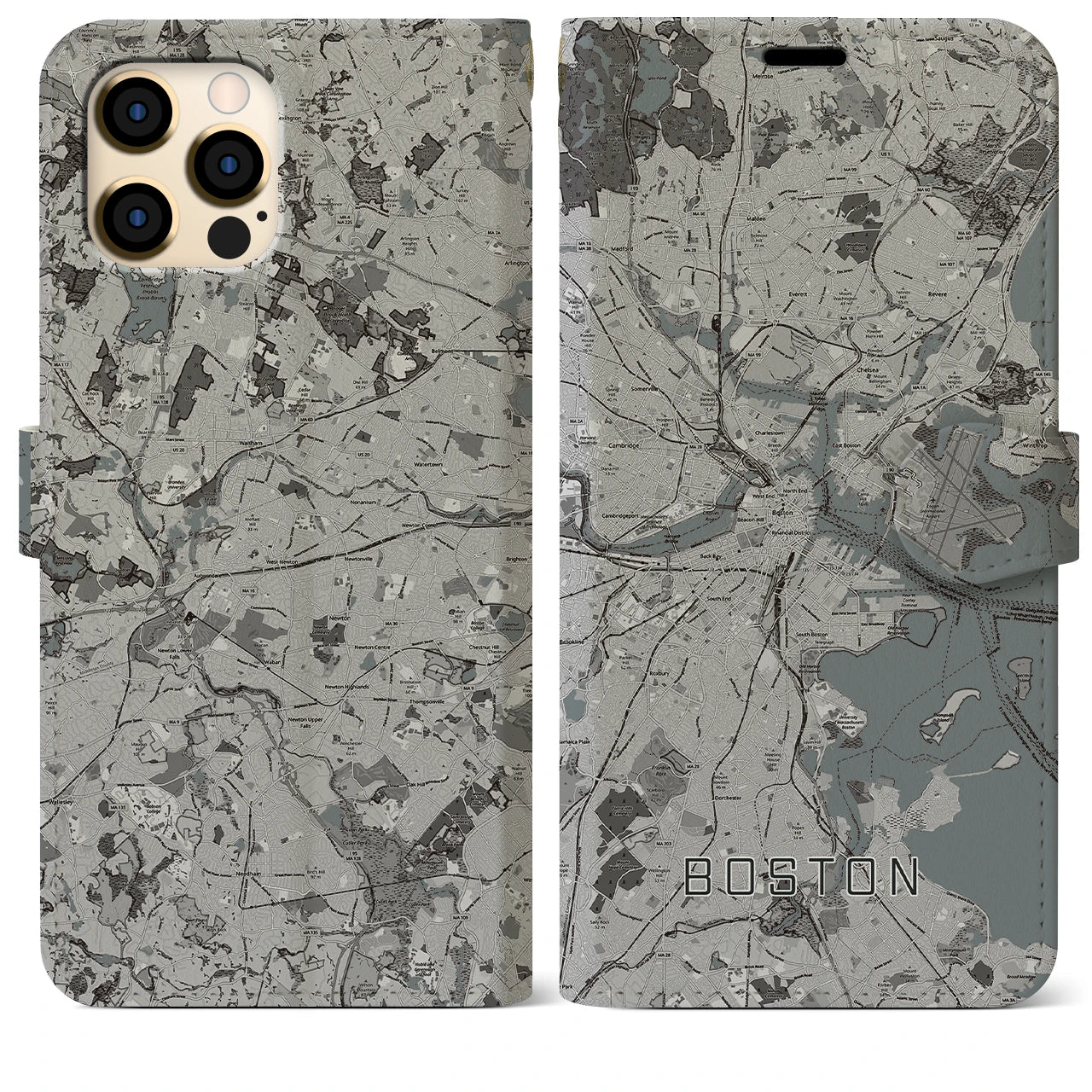 【ボストン(アメリカ)】地図柄iPhoneケース(手帳タイプ)モノトーン・iPhone 12 Pro Max 用