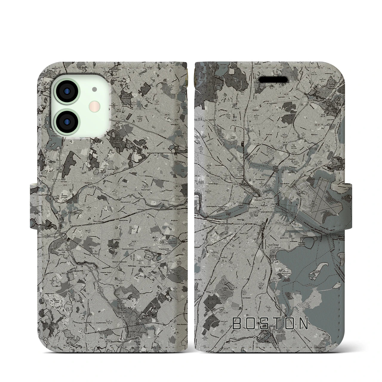 【ボストン(アメリカ)】地図柄iPhoneケース(手帳タイプ)モノトーン・iPhone 12 mini 用