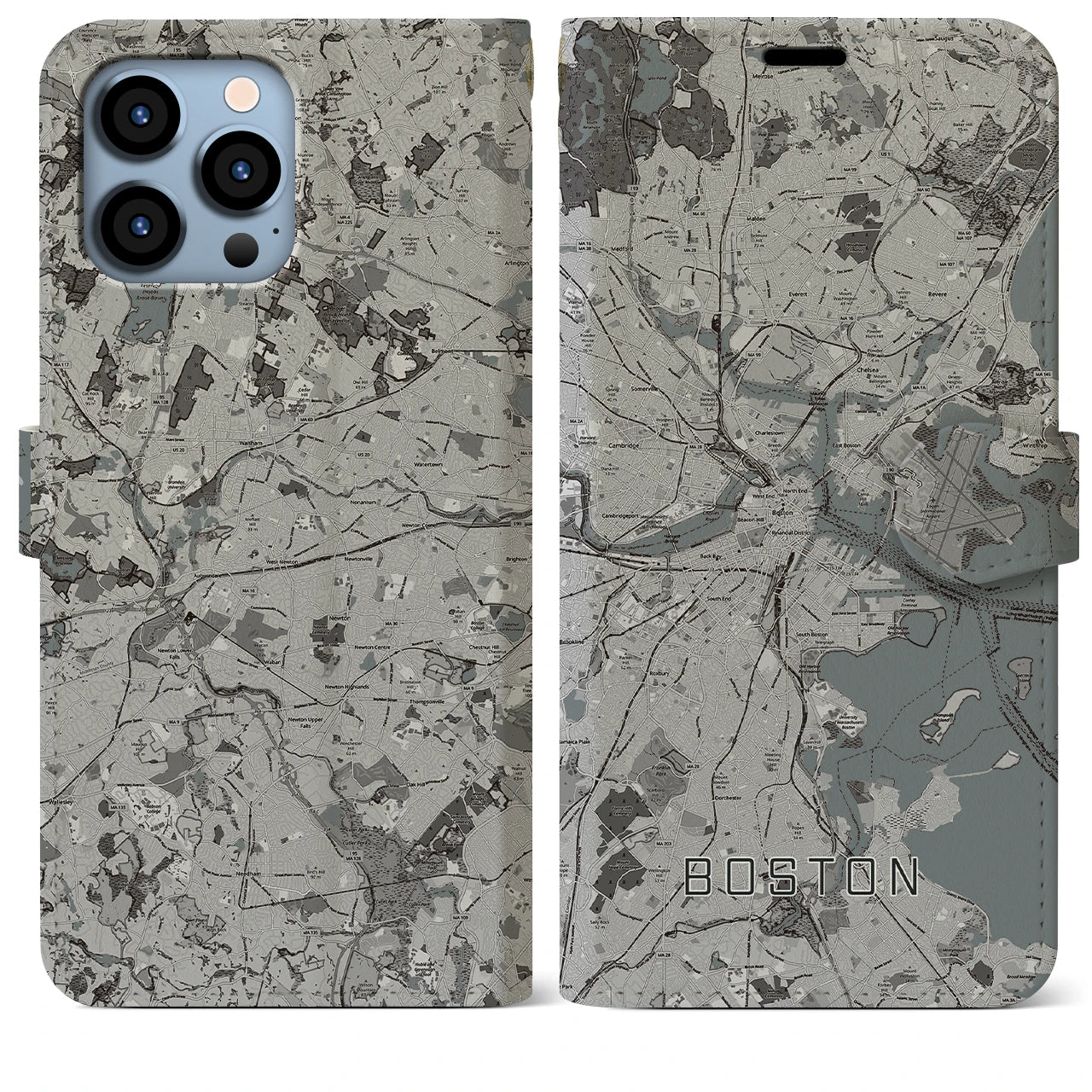 【ボストン(アメリカ)】地図柄iPhoneケース(手帳タイプ)モノトーン・iPhone 13 Pro Max 用