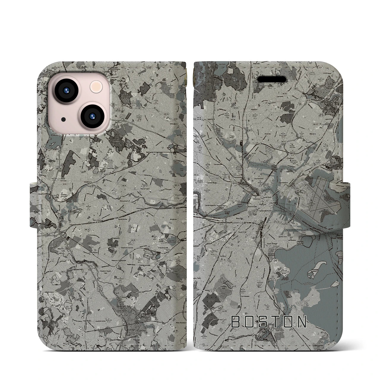 【ボストン(アメリカ)】地図柄iPhoneケース(手帳タイプ)モノトーン・iPhone 13 mini 用