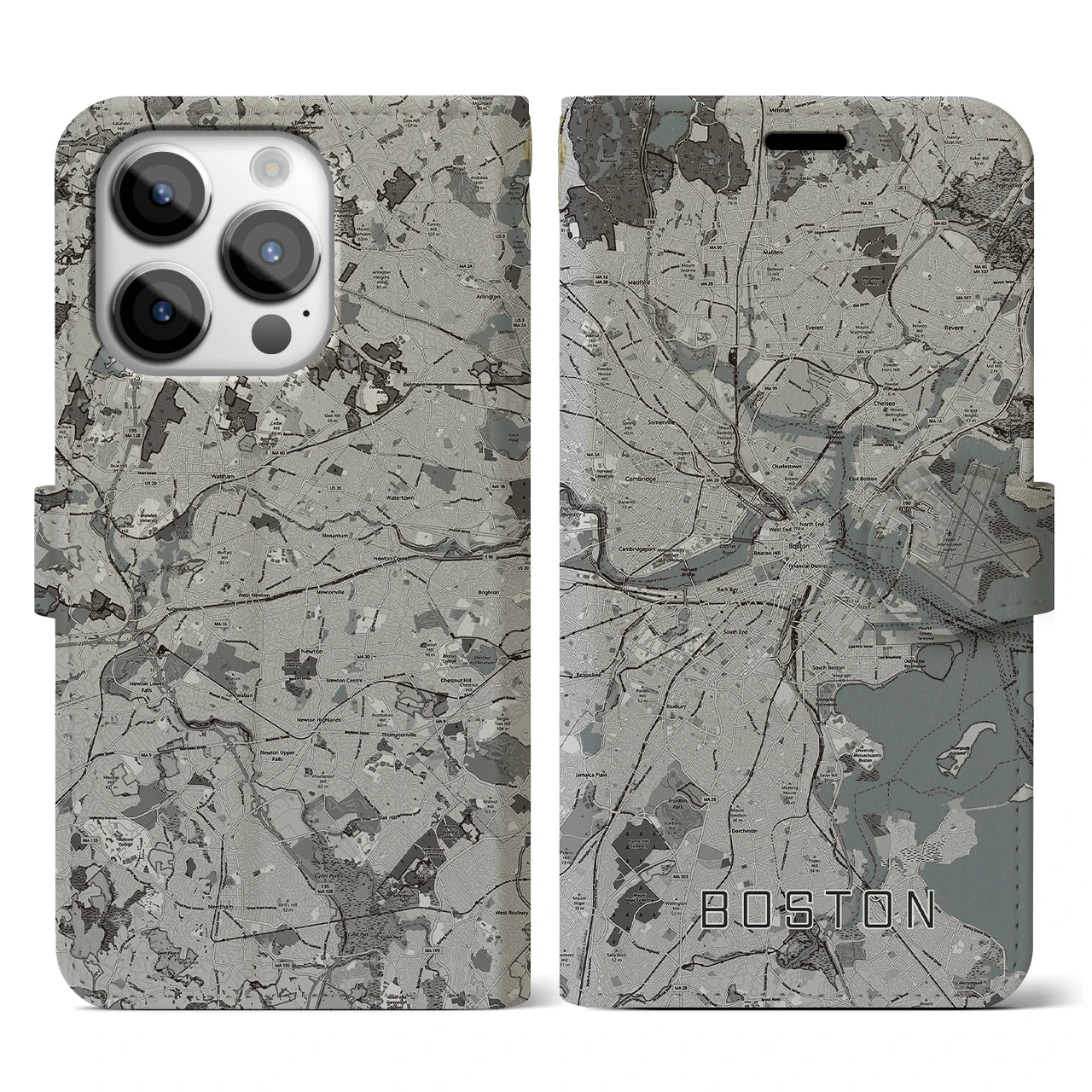 【ボストン(アメリカ)】地図柄iPhoneケース(手帳タイプ)モノトーン・iPhone 14 Pro 用
