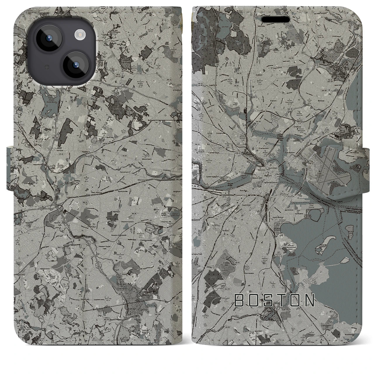 【ボストン(アメリカ)】地図柄iPhoneケース(手帳タイプ)モノトーン・iPhone 14 Plus 用