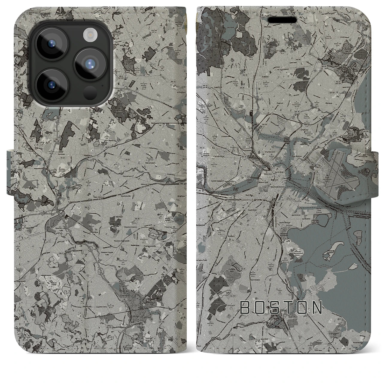 【ボストン(アメリカ)】地図柄iPhoneケース(手帳タイプ)モノトーン・iPhone 15 Pro Max 用