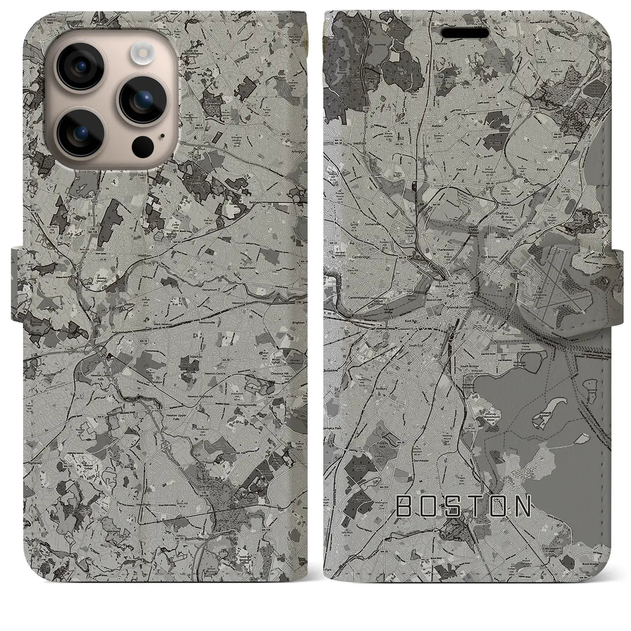 【ボストン(アメリカ)】地図柄iPhoneケース(手帳タイプ)モノトーン・iPhone 16 Plus 用