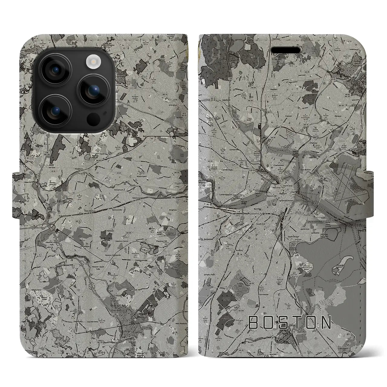 【ボストン(アメリカ)】地図柄iPhoneケース(手帳タイプ)モノトーン・iPhone 16 用