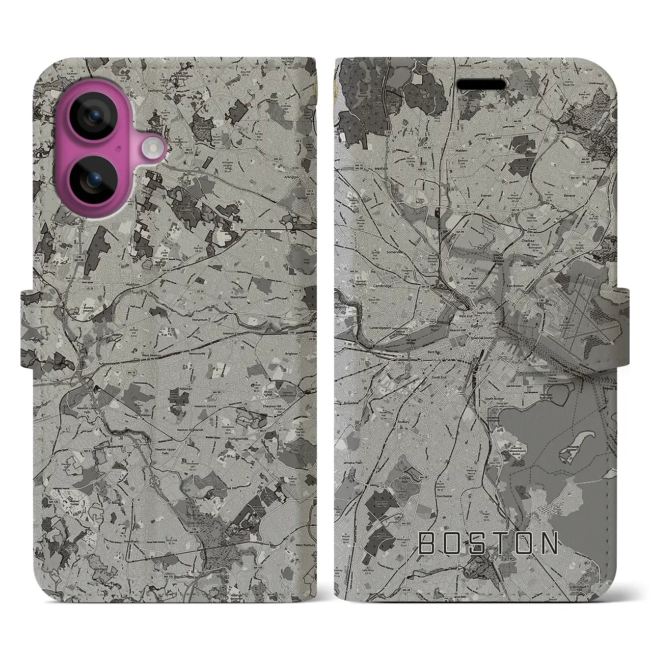 【ボストン(アメリカ)】地図柄iPhoneケース(手帳タイプ)モノトーン・iPhone 16 Pro 用