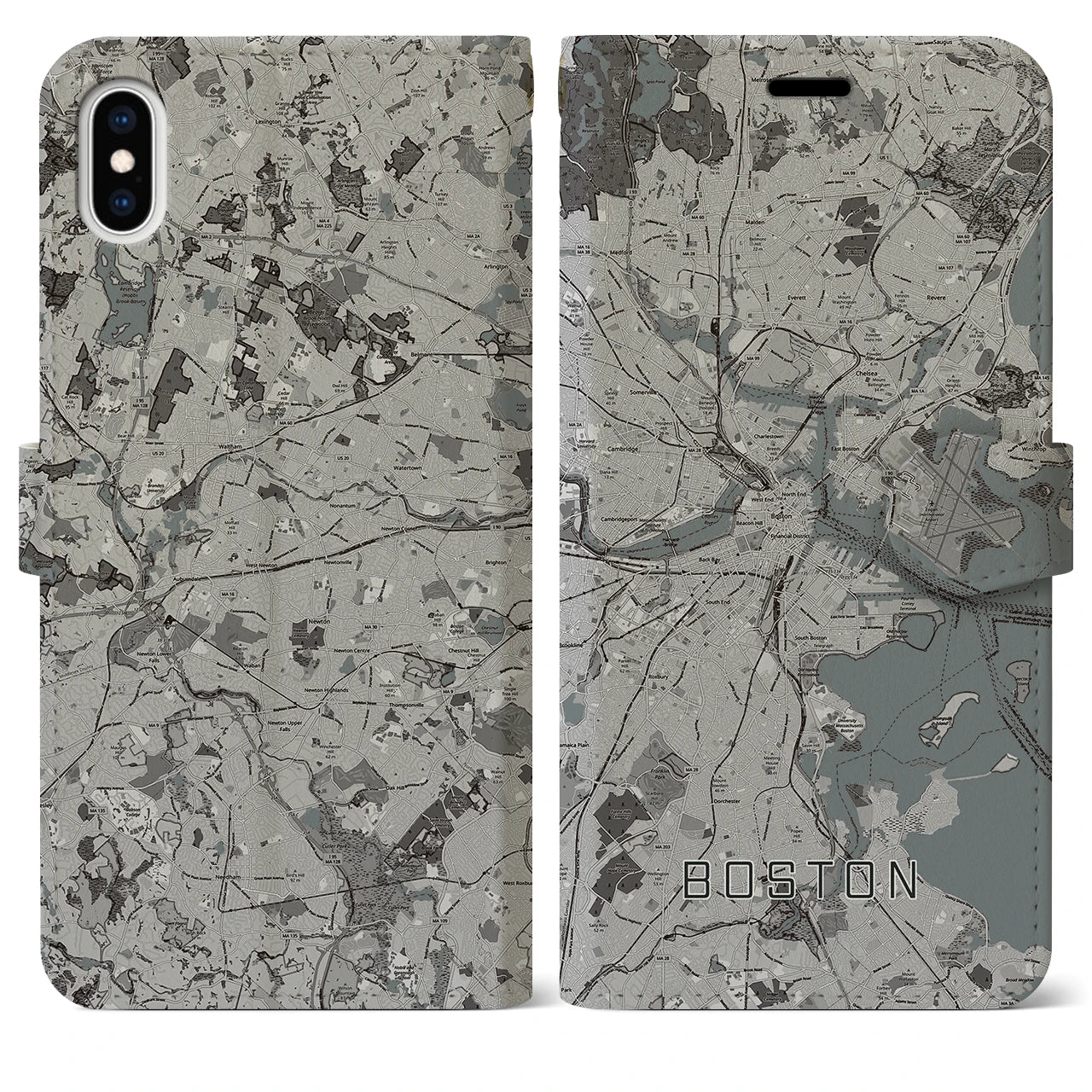 【ボストン(アメリカ)】地図柄iPhoneケース(手帳タイプ)モノトーン・iPhone XS Max 用