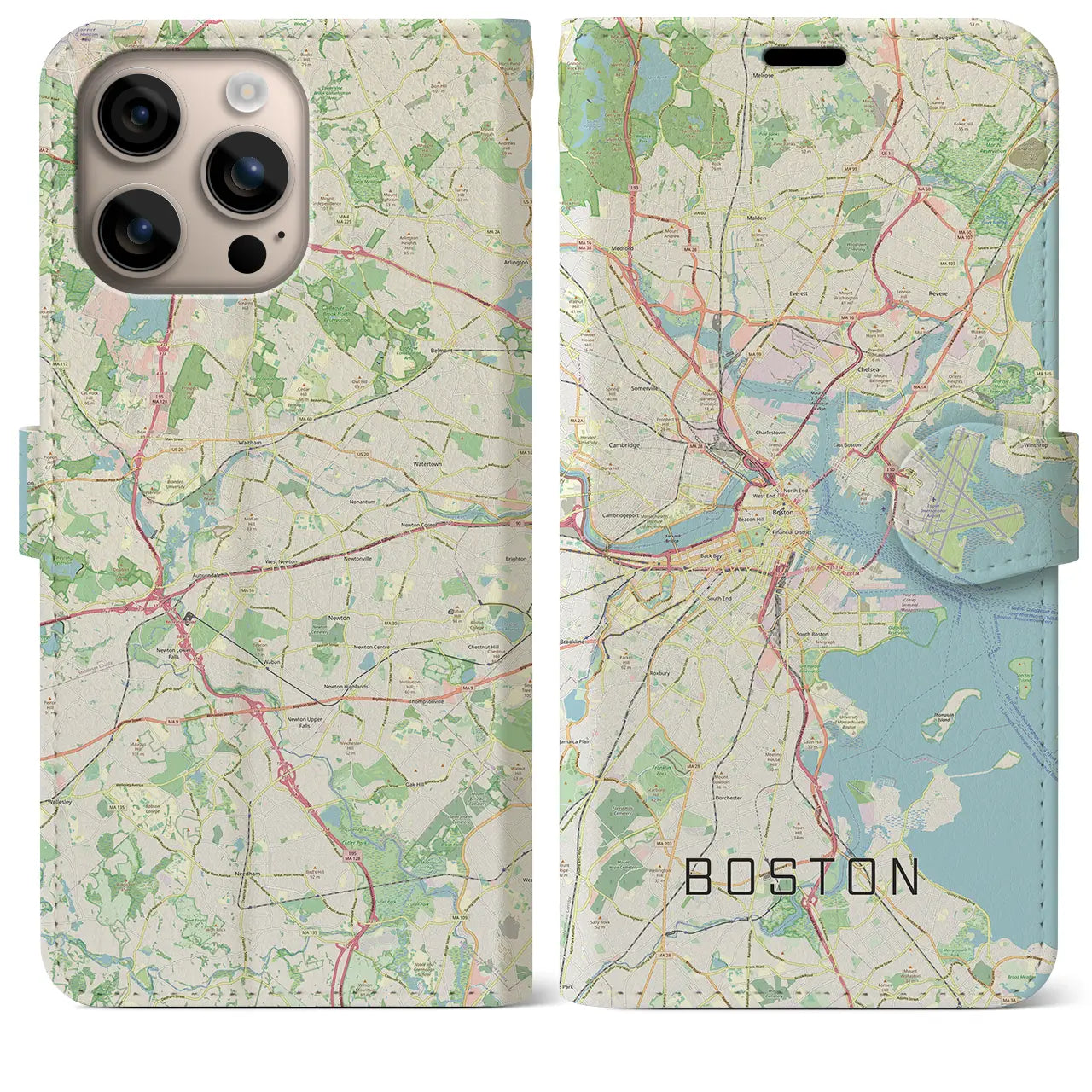 【ボストン(アメリカ)】地図柄iPhoneケース(手帳タイプ)ナチュラル・iPhone 16 Plus 用