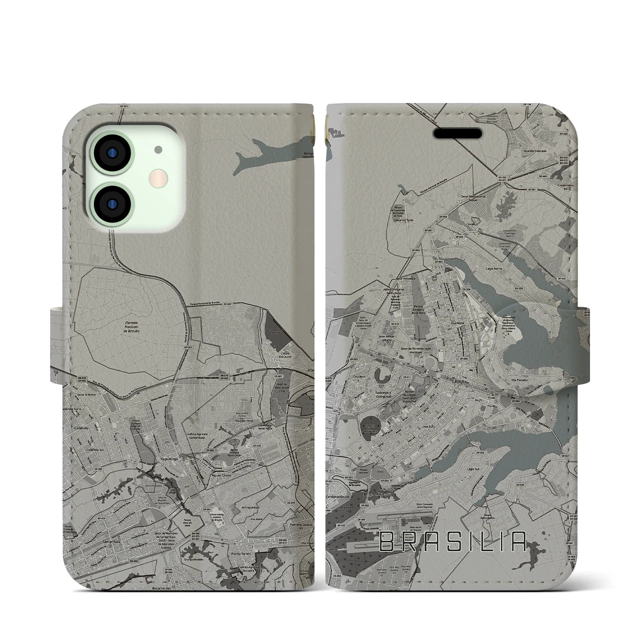 【ブラジリア(ブラジル)】地図柄iPhoneケース(手帳タイプ)モノトーン・iPhone 12 mini 用