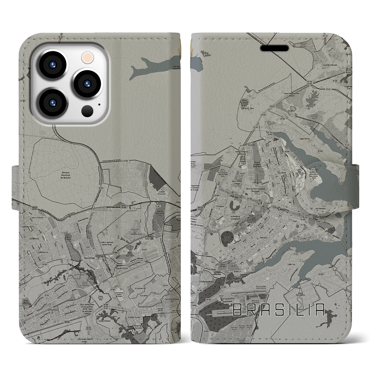 【ブラジリア(ブラジル)】地図柄iPhoneケース(手帳タイプ)モノトーン・iPhone 13 Pro 用