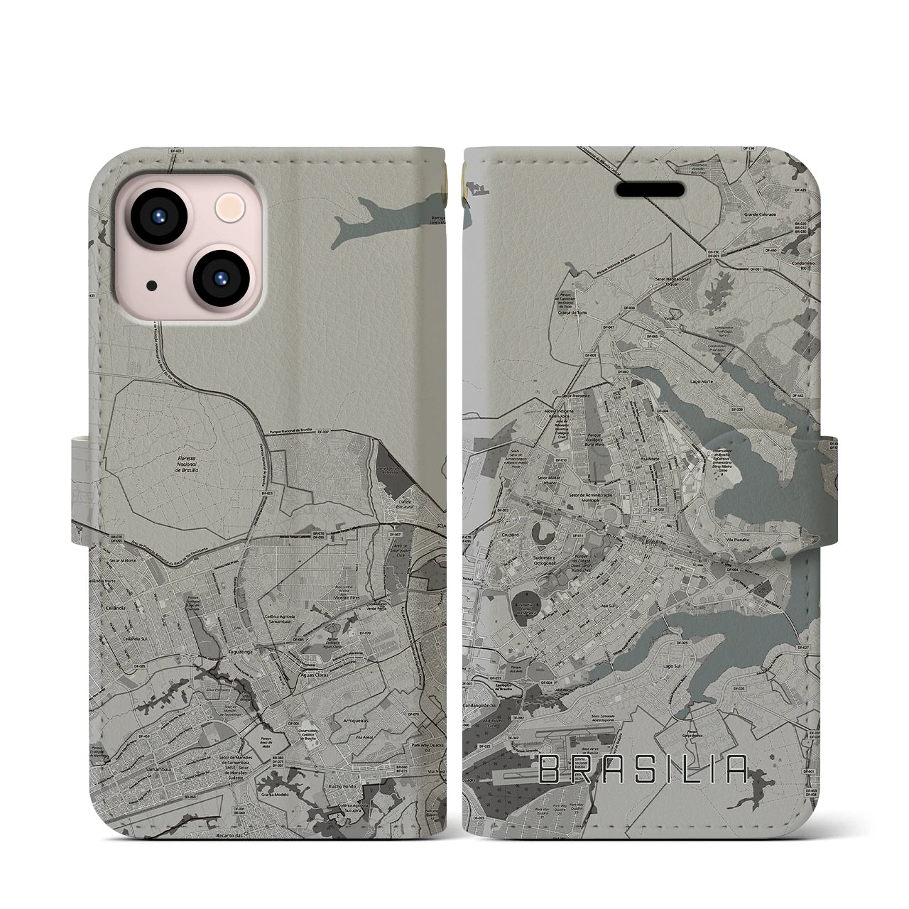 【ブラジリア(ブラジル)】地図柄iPhoneケース(手帳タイプ)モノトーン・iPhone 13 mini 用