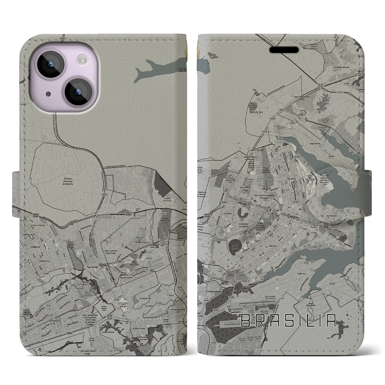 【ブラジリア(ブラジル)】地図柄iPhoneケース(手帳タイプ)モノトーン・iPhone 14 用