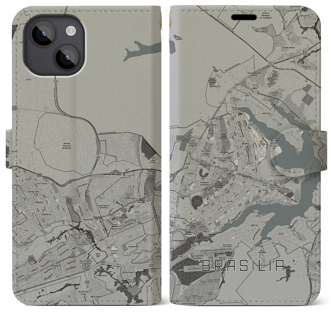 【ブラジリア(ブラジル)】地図柄iPhoneケース(手帳タイプ)モノトーン・iPhone 14 Plus 用