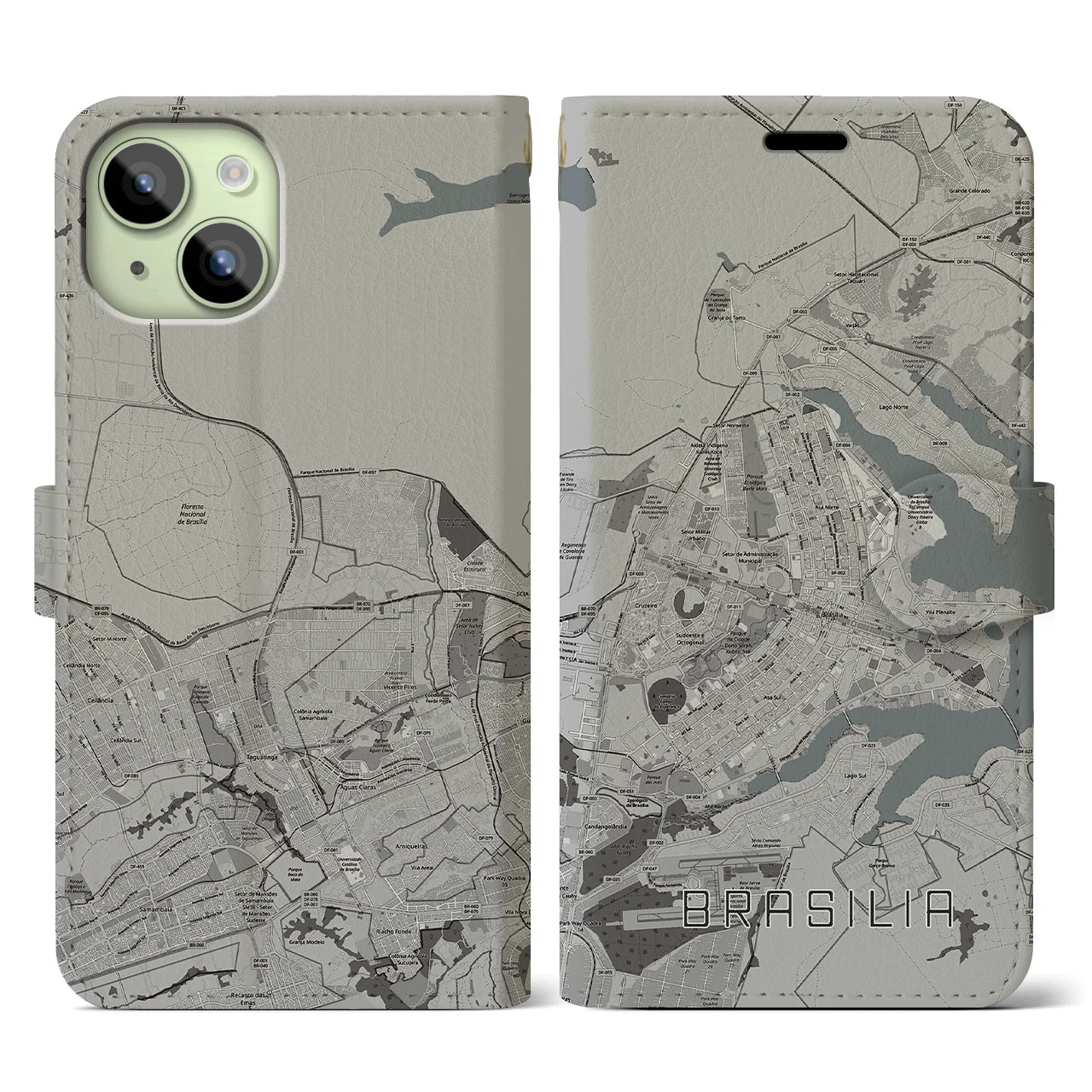 【ブラジリア(ブラジル)】地図柄iPhoneケース(手帳タイプ)モノトーン・iPhone 15 用