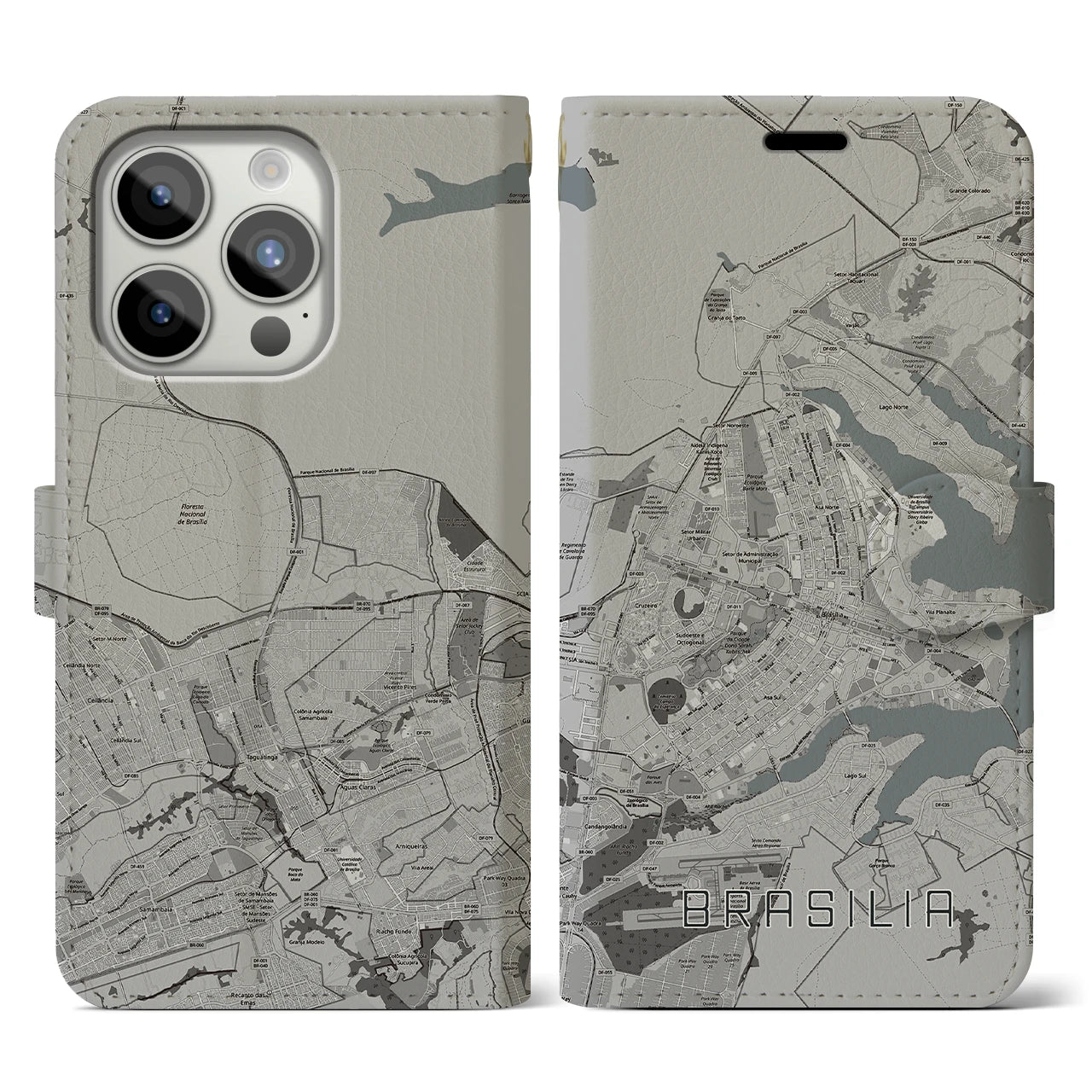 【ブラジリア(ブラジル)】地図柄iPhoneケース(手帳タイプ)モノトーン・iPhone 15 Pro 用
