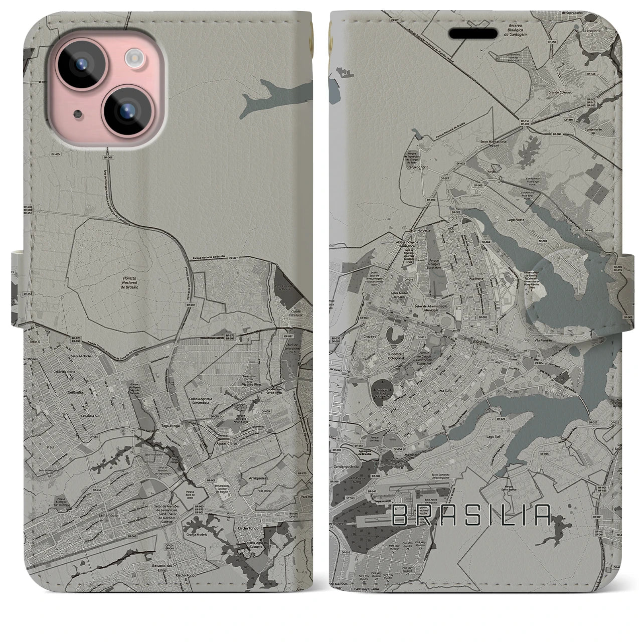 【ブラジリア(ブラジル)】地図柄iPhoneケース(手帳タイプ)モノトーン・iPhone 15 Plus 用