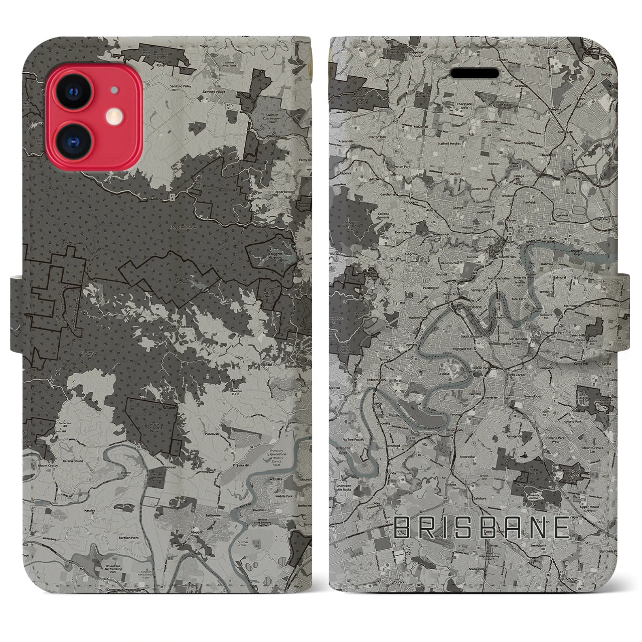 【ブリスベン(オーストラリア)】地図柄iPhoneケース(手帳タイプ)モノトーン・iPhone 11 用