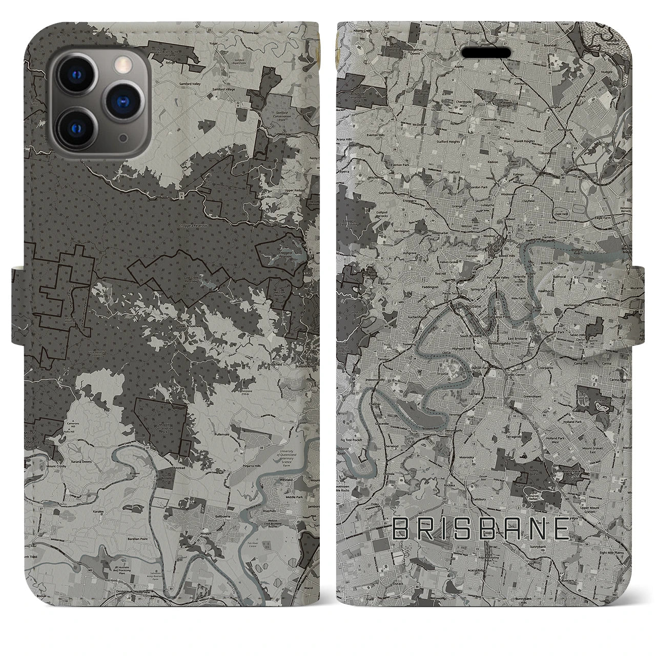 【ブリスベン(オーストラリア)】地図柄iPhoneケース(手帳タイプ)モノトーン・iPhone 11 Pro Max 用