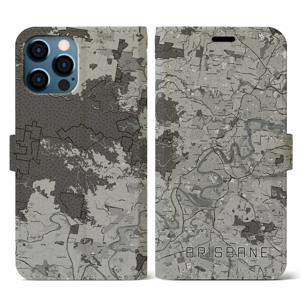 【ブリスベン(オーストラリア)】地図柄iPhoneケース(手帳タイプ)モノトーン・iPhone 12 / 12 Pro 用