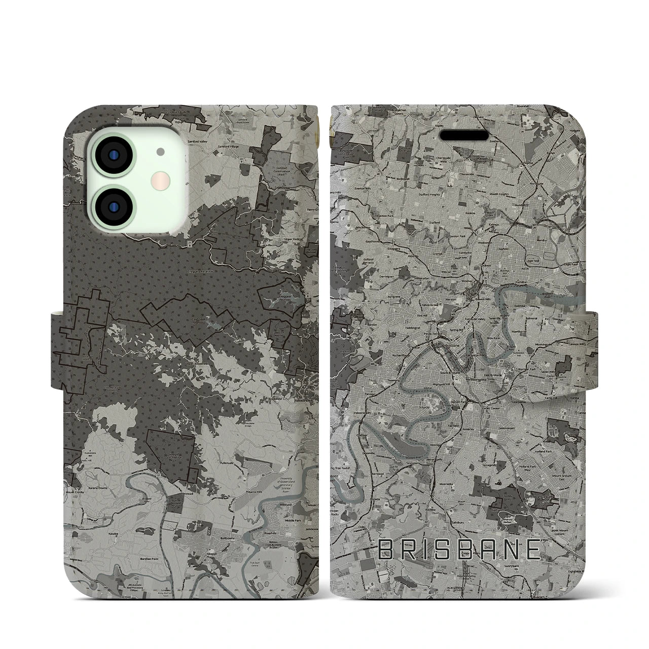 【ブリスベン(オーストラリア)】地図柄iPhoneケース(手帳タイプ)モノトーン・iPhone 12 mini 用