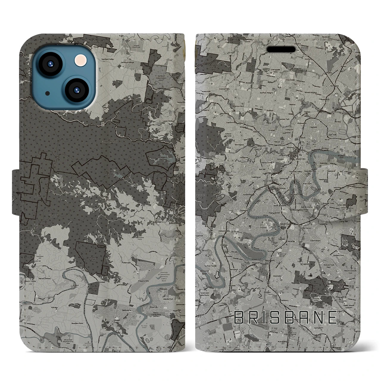 【ブリスベン(オーストラリア)】地図柄iPhoneケース(手帳タイプ)モノトーン・iPhone 13 用