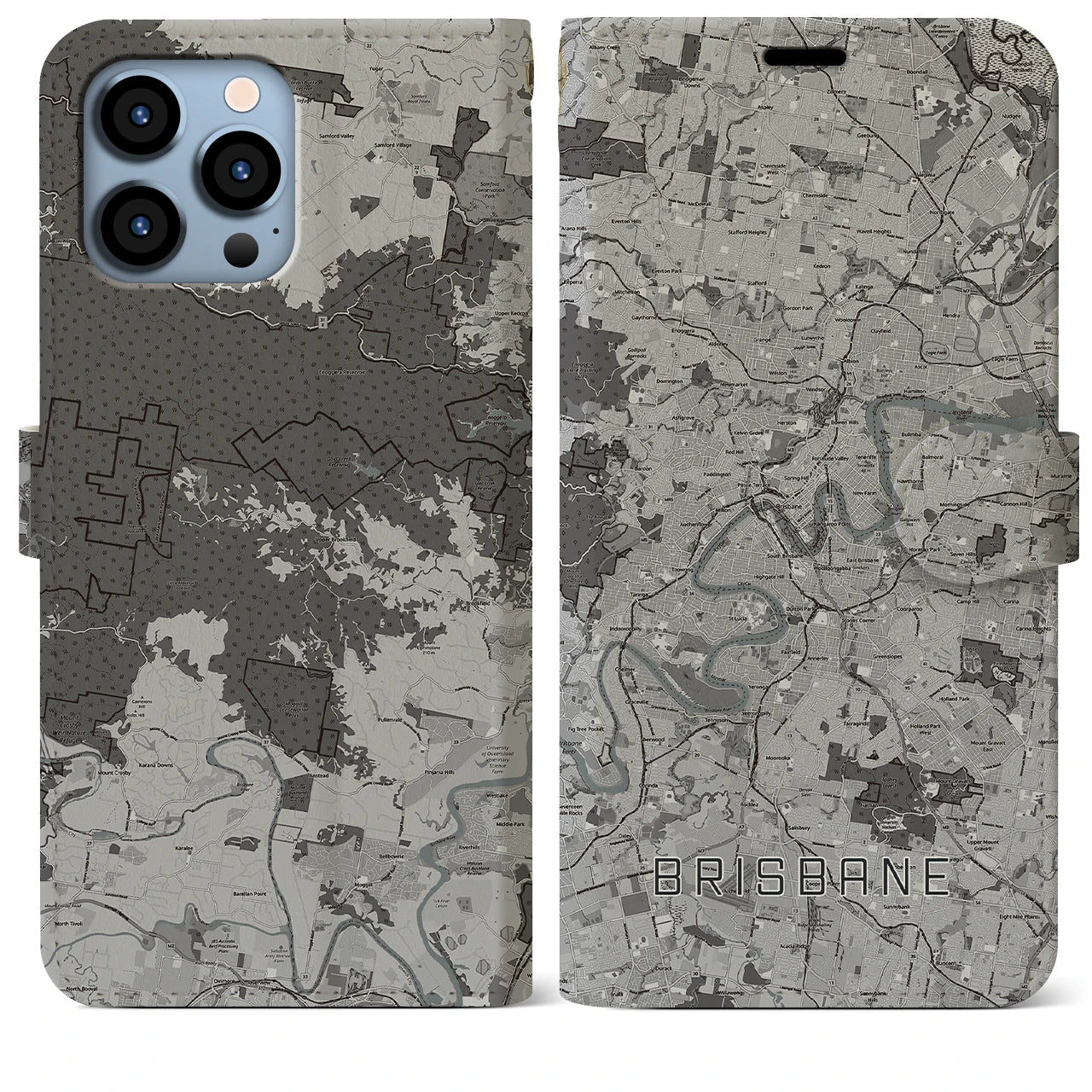 【ブリスベン(オーストラリア)】地図柄iPhoneケース(手帳タイプ)モノトーン・iPhone 13 Pro Max 用
