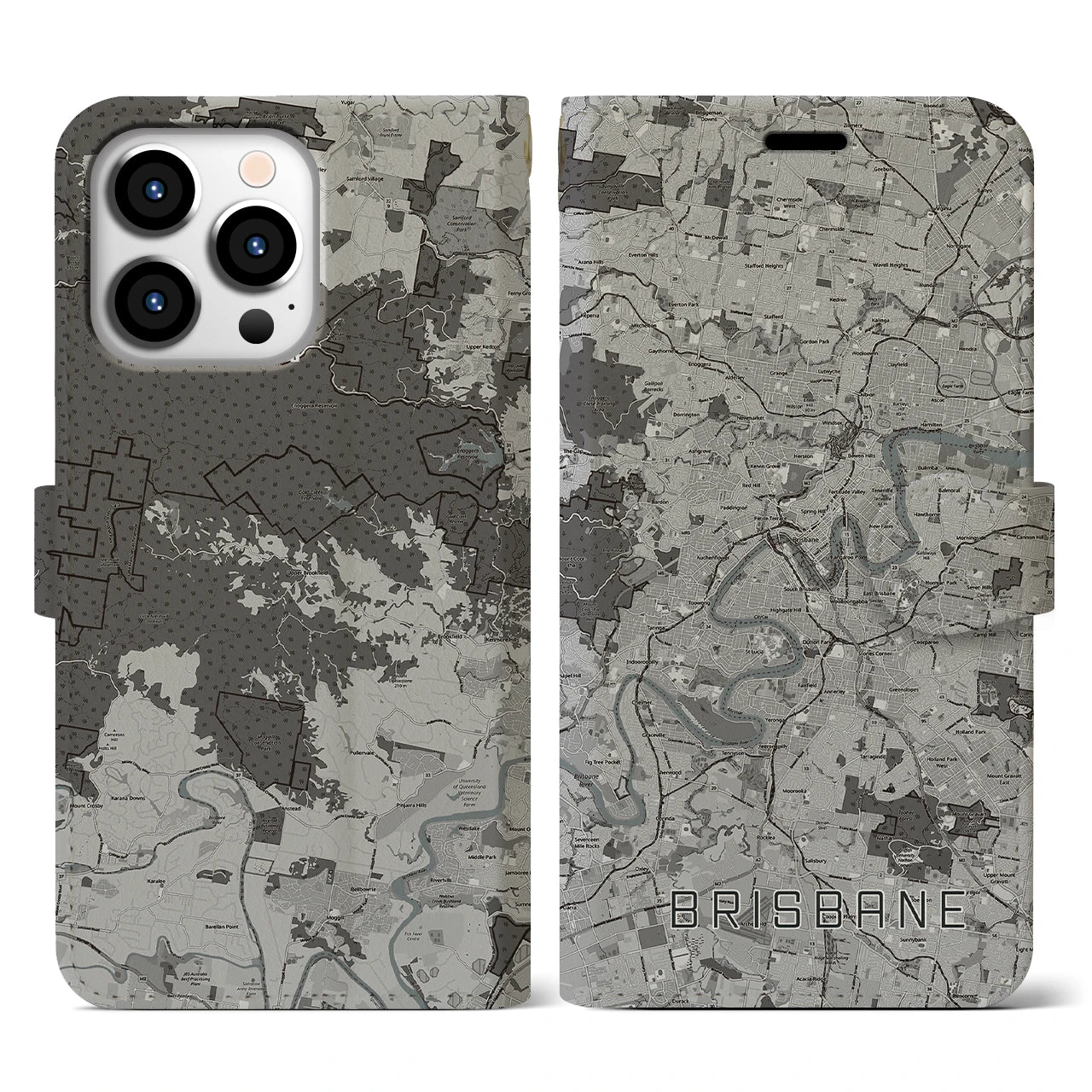 【ブリスベン(オーストラリア)】地図柄iPhoneケース(手帳タイプ)モノトーン・iPhone 13 Pro 用