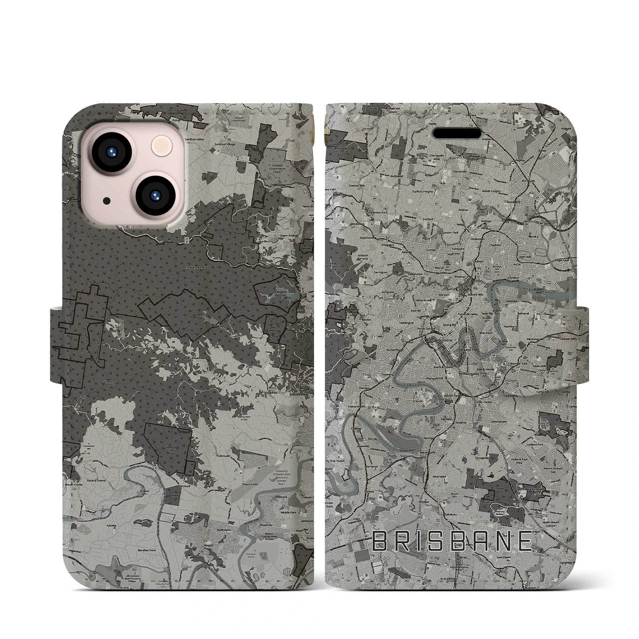 【ブリスベン(オーストラリア)】地図柄iPhoneケース(手帳タイプ)モノトーン・iPhone 13 mini 用