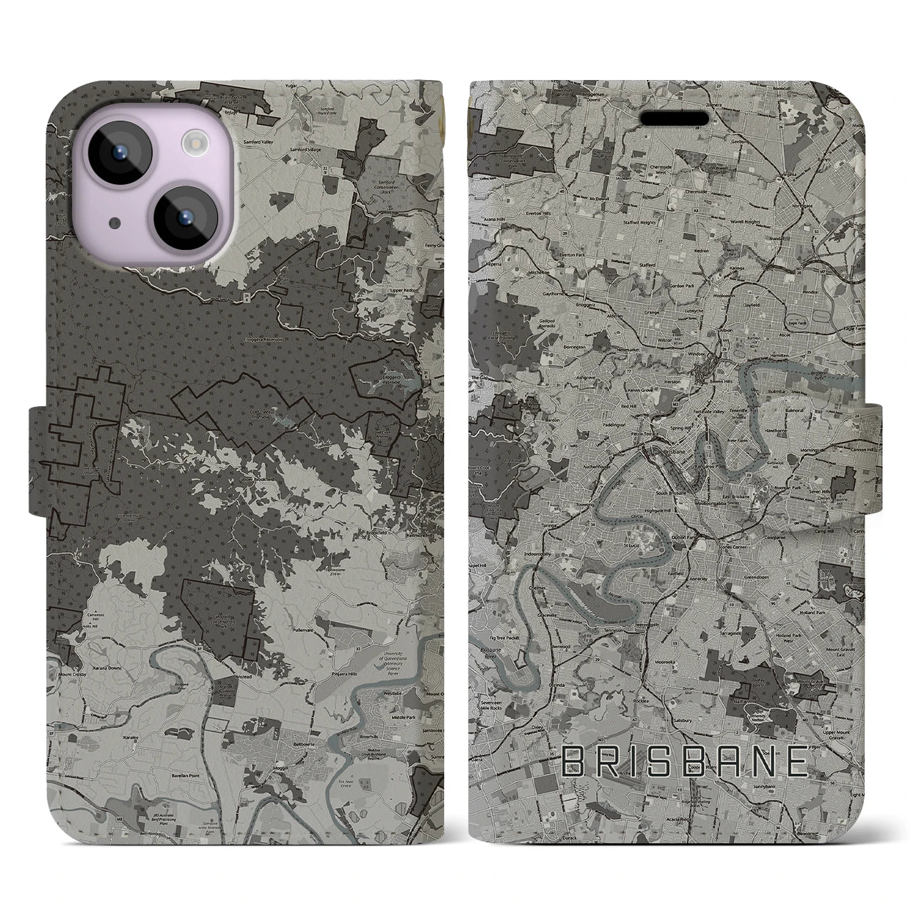 【ブリスベン(オーストラリア)】地図柄iPhoneケース(手帳タイプ)モノトーン・iPhone 14 用