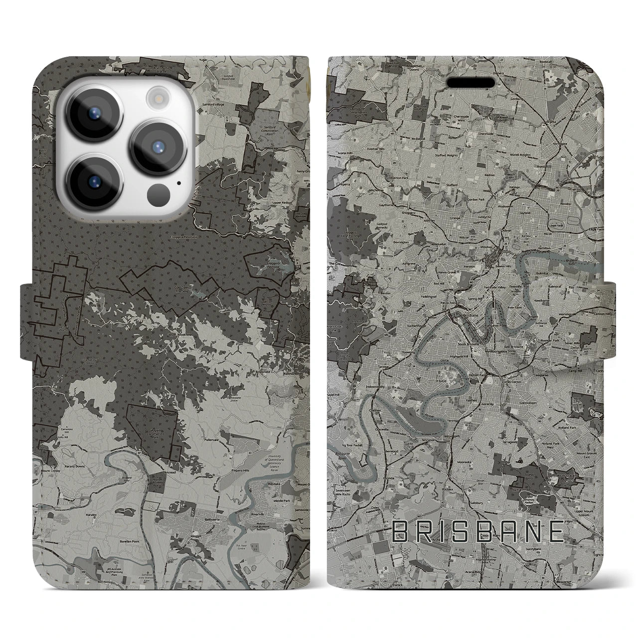 【ブリスベン(オーストラリア)】地図柄iPhoneケース(手帳タイプ)モノトーン・iPhone 14 Pro 用