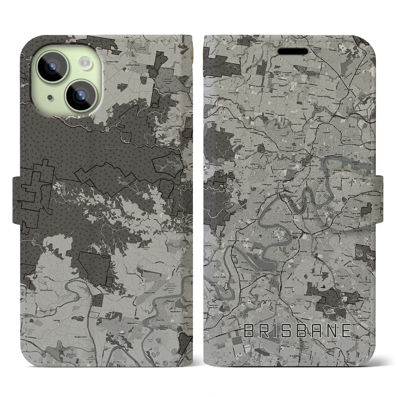 【ブリスベン(オーストラリア)】地図柄iPhoneケース(手帳タイプ)モノトーン・iPhone 15 用