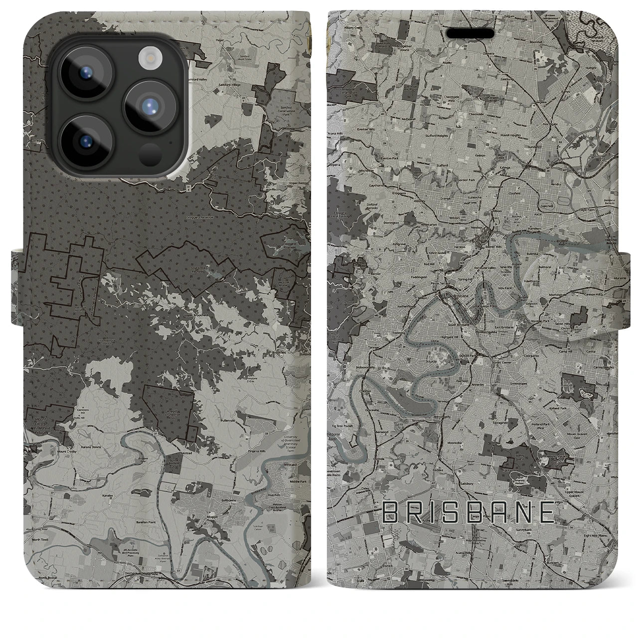 【ブリスベン(オーストラリア)】地図柄iPhoneケース(手帳タイプ)モノトーン・iPhone 15 Pro Max 用