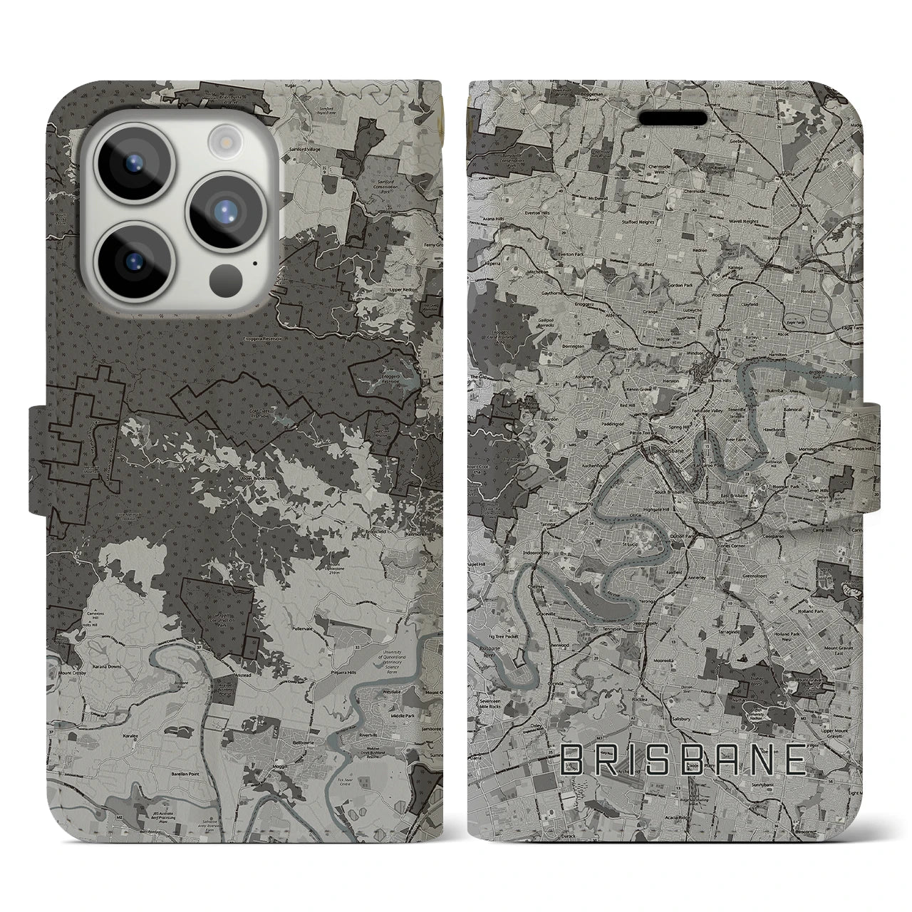 【ブリスベン(オーストラリア)】地図柄iPhoneケース(手帳タイプ)モノトーン・iPhone 15 Pro 用